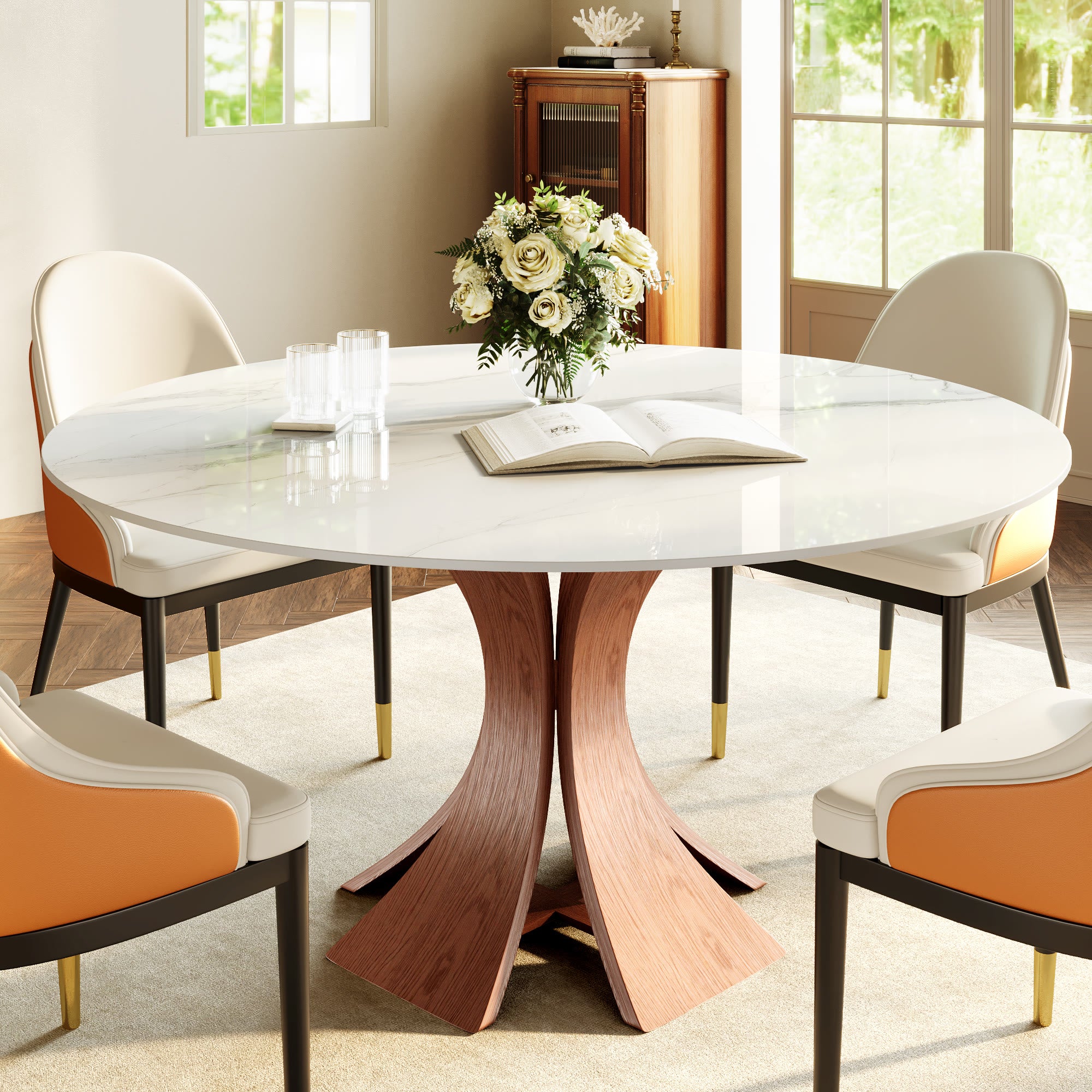 Mid-Century Round Dining Table With Sintered Stone Top & Solid Wood Pedestal Base For 2-8 - Snowy White+Walnut - 59" Table - image 14