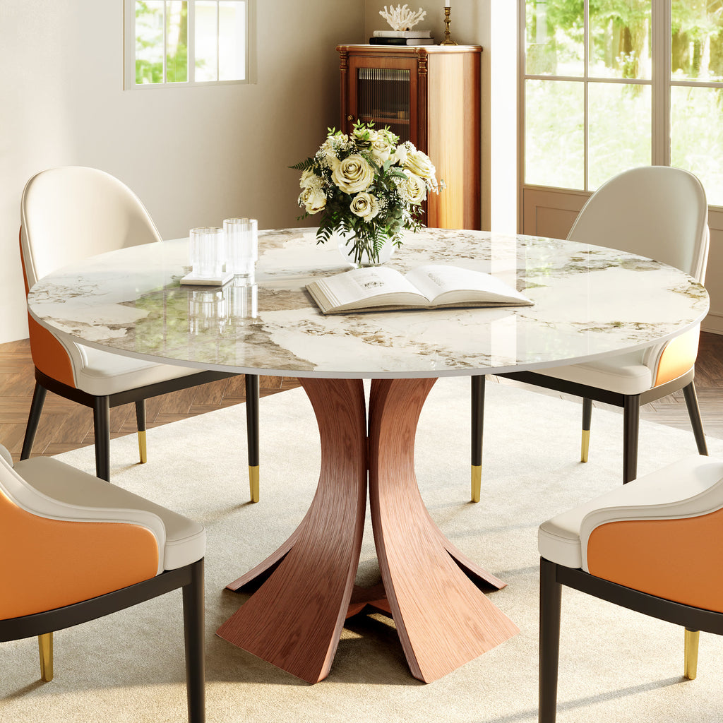 Mid-Century Round Dining Table With Sintered Stone Top & Solid Wood Pedestal Base For 2-8 - Pandora+Walnut - 59" Table - image 17