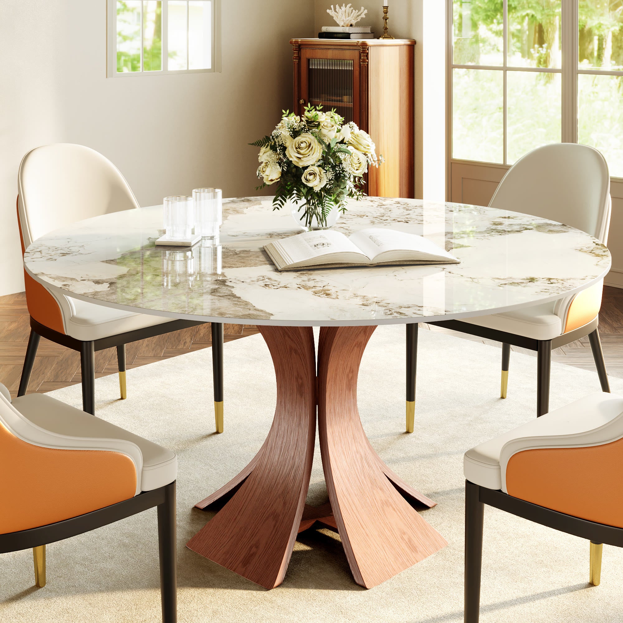Mid-Century Round Dining Table With Sintered Stone Top & Solid Wood Pedestal Base For 2-8 - Pandora+Walnut - 59" Table - image 17