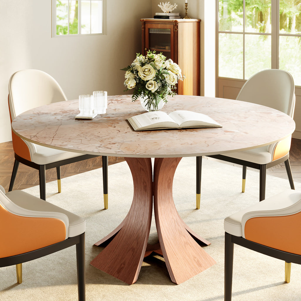 Mid-Century Round Dining Table With Sintered Stone Top & Solid Wood Pedestal Base For 2-8 - Creamy+Walnut - 59" Table - image 19