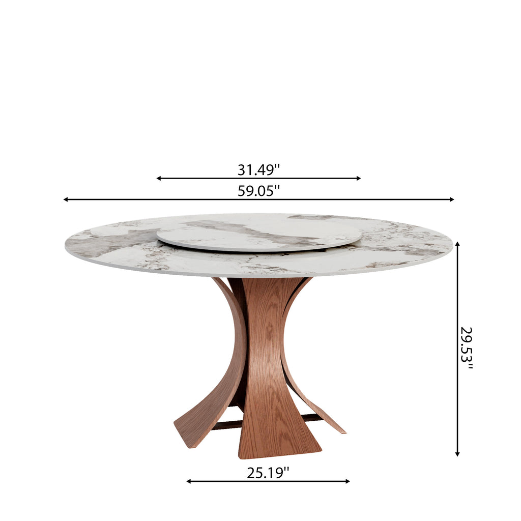 Mid-Century Round Dining Table With Sintered Stone Top & Solid Wood Pedestal Base For 2-8 - image 35