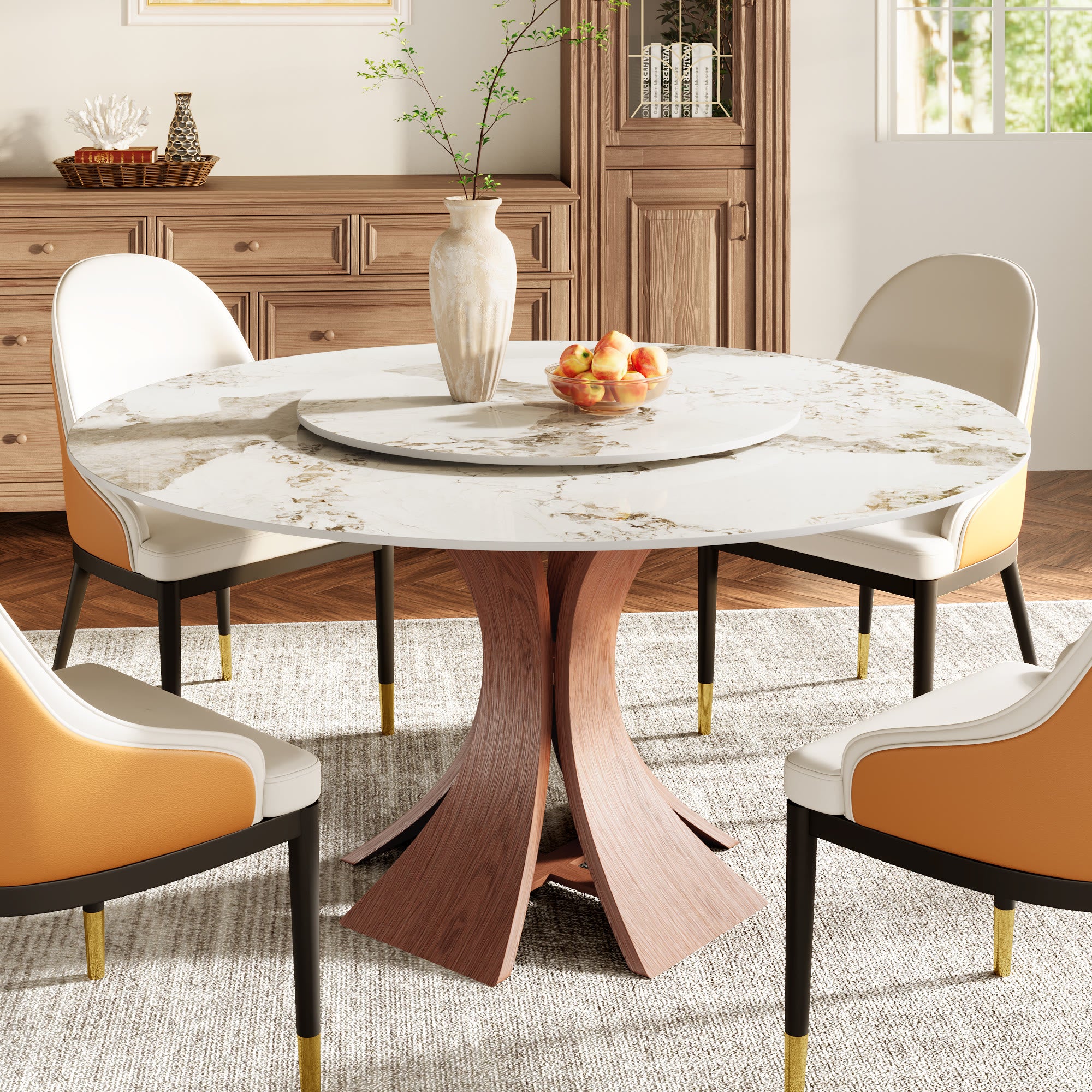 Mid-Century Round Dining Table With Sintered Stone Top & Solid Wood Pedestal Base For 2-8 - Pandora+Walnut - 59" Table With Lazy Susan - image 26