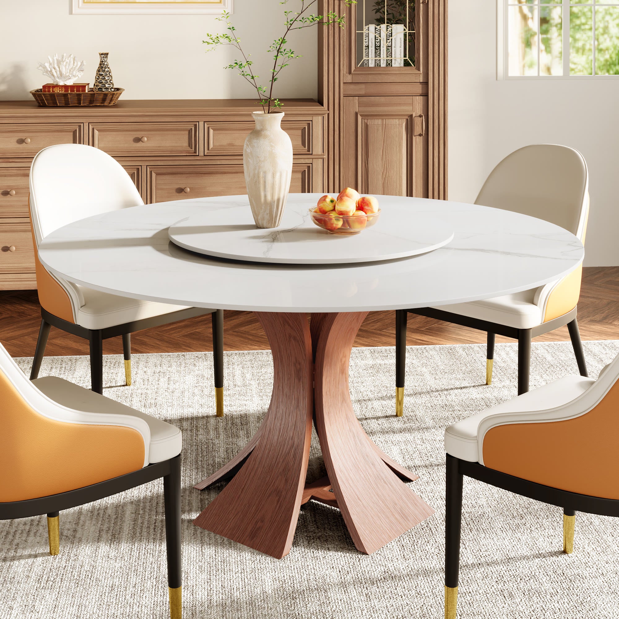 Mid-Century Round Dining Table With Sintered Stone Top & Solid Wood Pedestal Base For 2-8 - Snowy White+Walnut - 59" Table With Lazy Susan - image 23