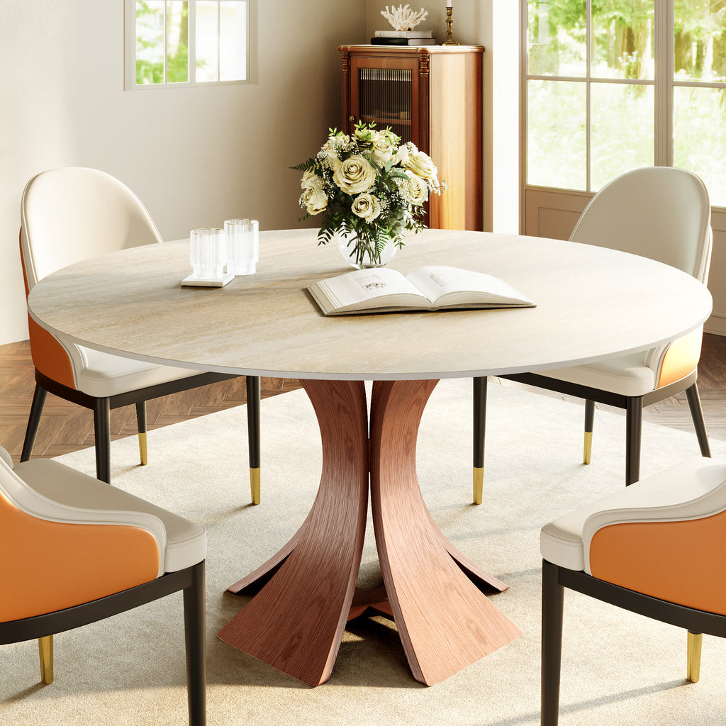 Mid-Century Round Dining Table With Sintered Stone Top & Solid Wood Pedestal Base For 2-8 - Travertine+Walnut - 59" Table - image 21