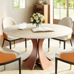 Mid-Century Round Dining Table With Sintered Stone Top & Solid Wood Pedestal Base For 2-8 - Travertine+Walnut - 59" Table - image 21