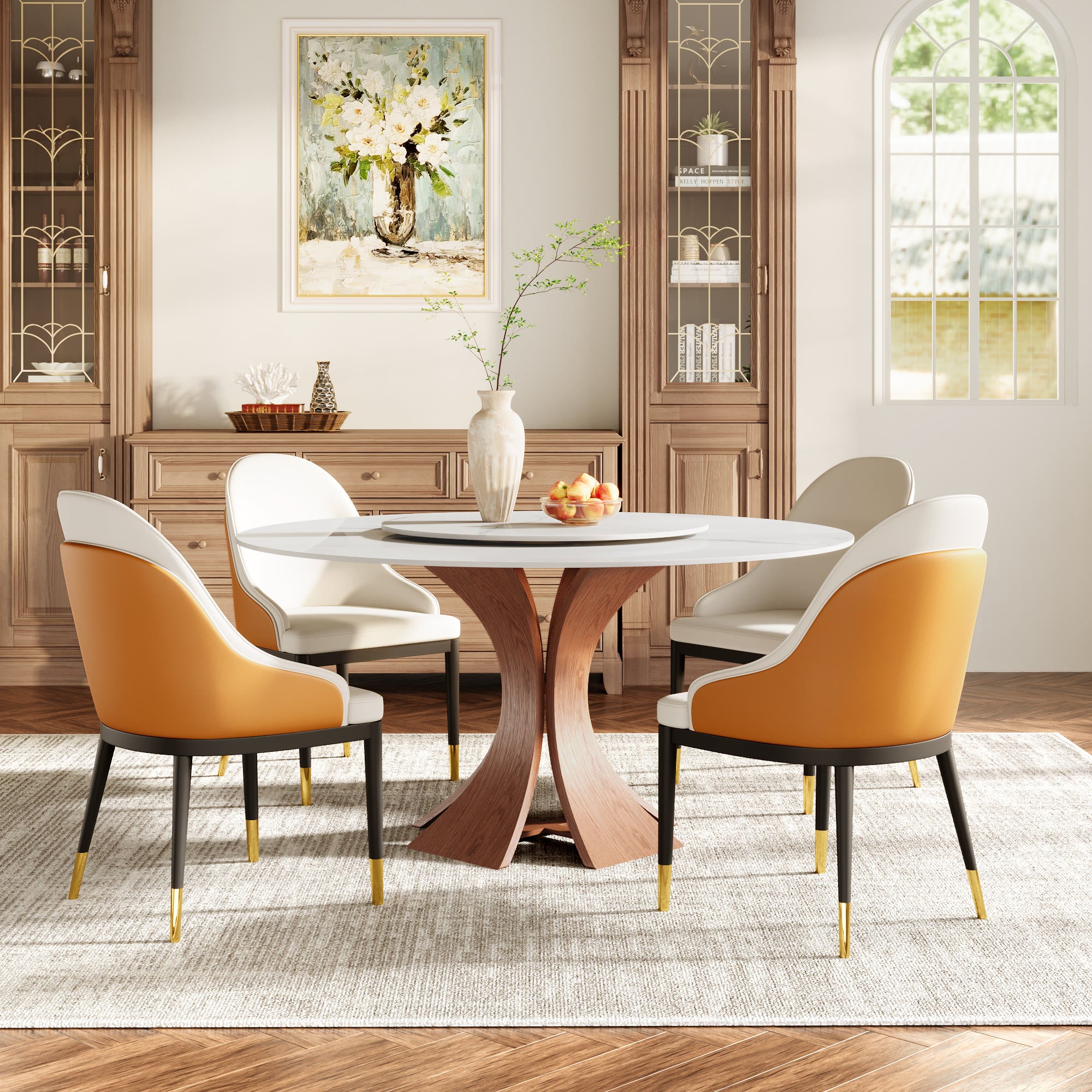 Mid-Century Round Dining Table With Sintered Stone Top & Solid Wood Pedestal Base For 2-8 - image 25