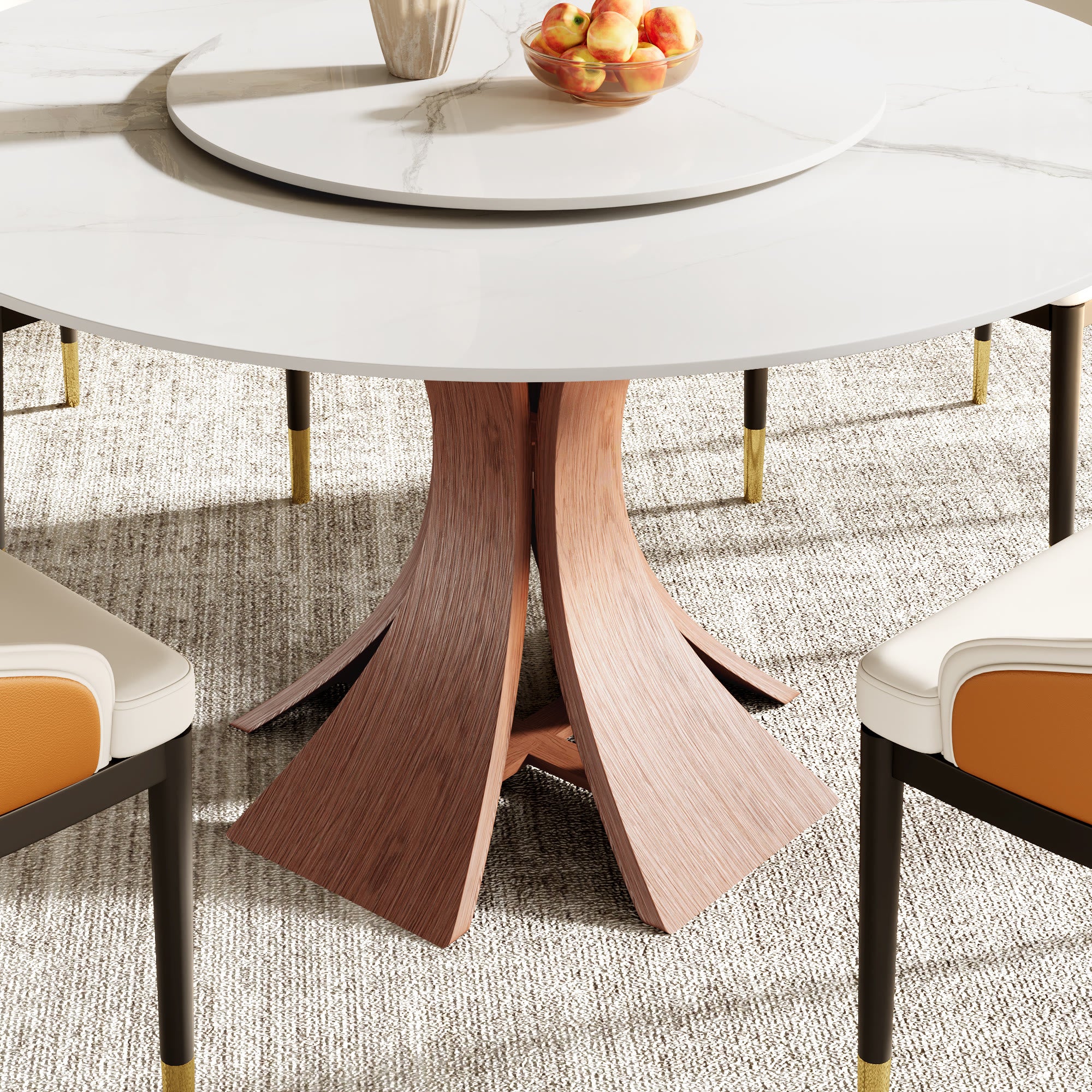 Mid-Century Round Dining Table With Sintered Stone Top & Solid Wood Pedestal Base For 2-8 - image 24