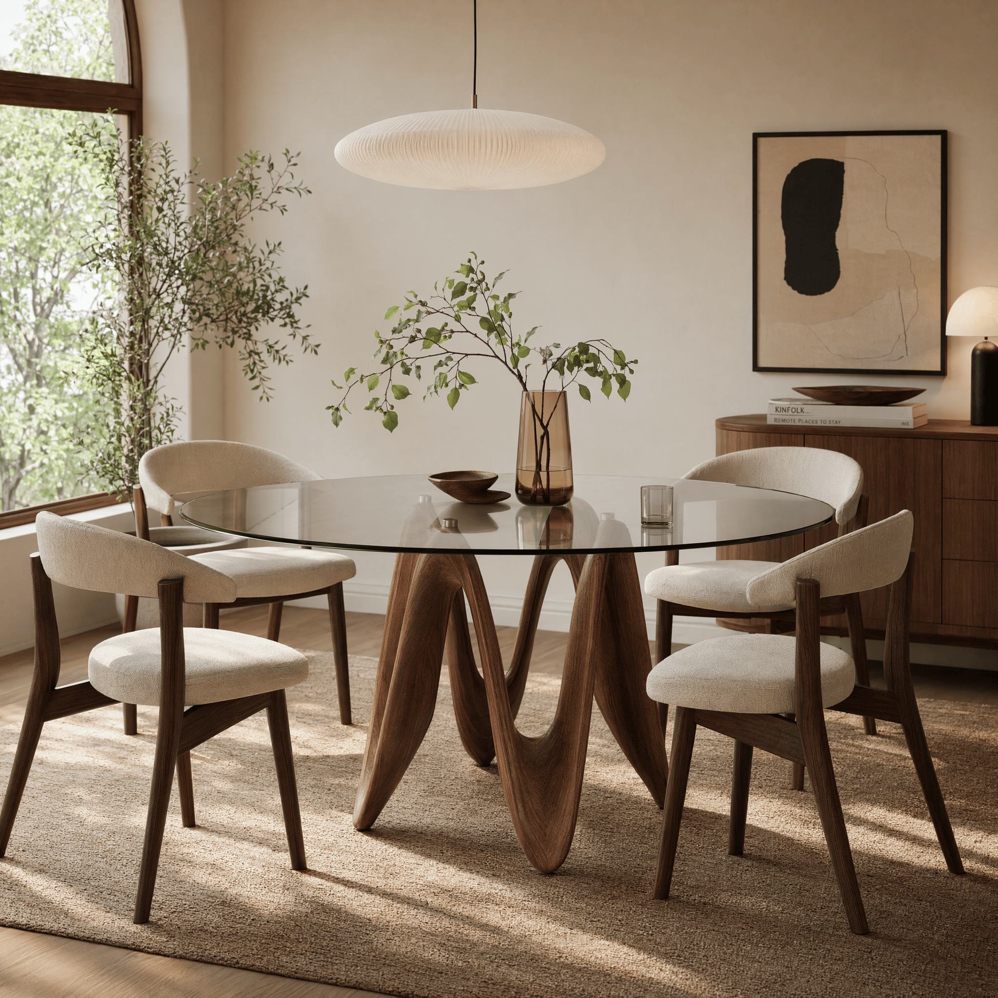 Walnut-colored Base Round Glass Dining Table - image 9