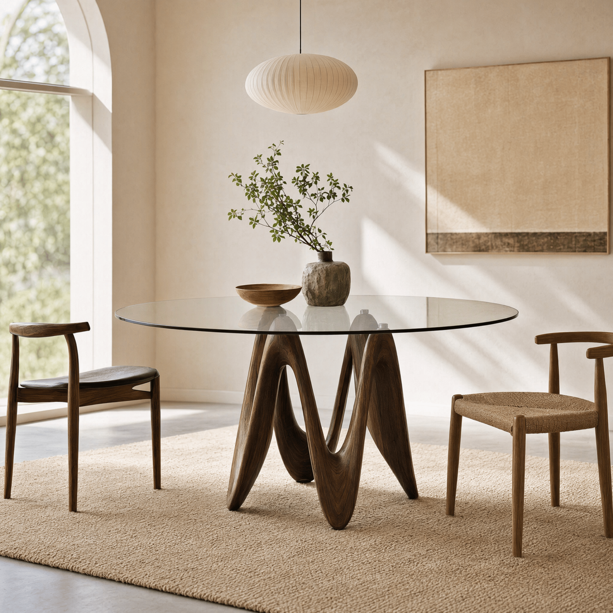Walnut-colored Base Round Glass Dining Table - image 1
