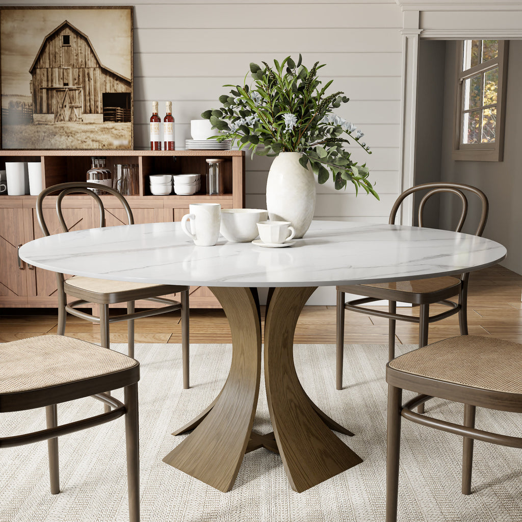 Mid-Century Round Dining Table With Sintered Stone Top & Solid Wood Pedestal Base For 2-8 - Snowy White+Dark Walnut - 59" Table - image 0