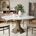 Mid-Century Round Dining Table With Sintered Stone Top & Solid Wood Pedestal Base For 2-8 - Snowy White+Dark Walnut - 59" Table - image 0
