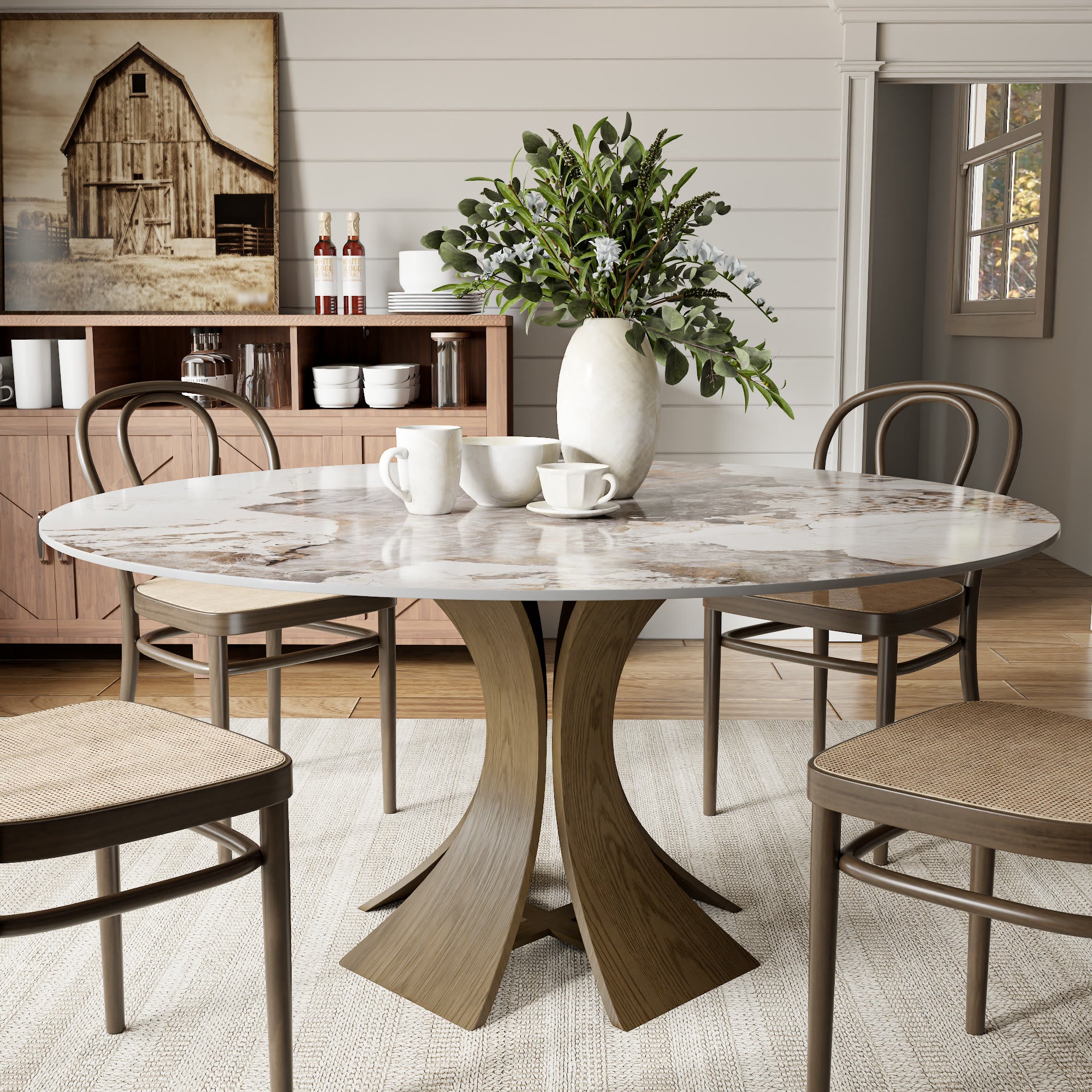 Mid-Century Round Dining Table With Sintered Stone Top & Solid Wood Pedestal Base For 2-8 - Pandora+Dark Walnut - 59" Table - image 3