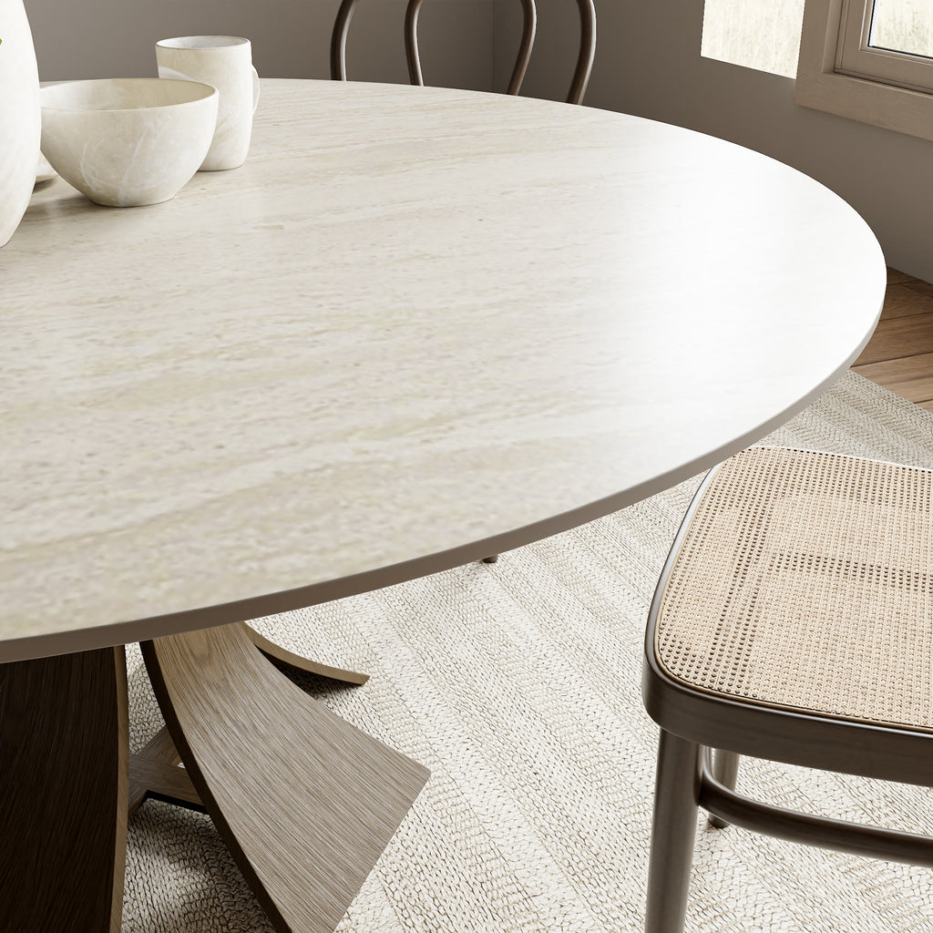 Mid-Century Round Dining Table With Sintered Stone Top & Solid Wood Pedestal Base For 2-8 - image 6