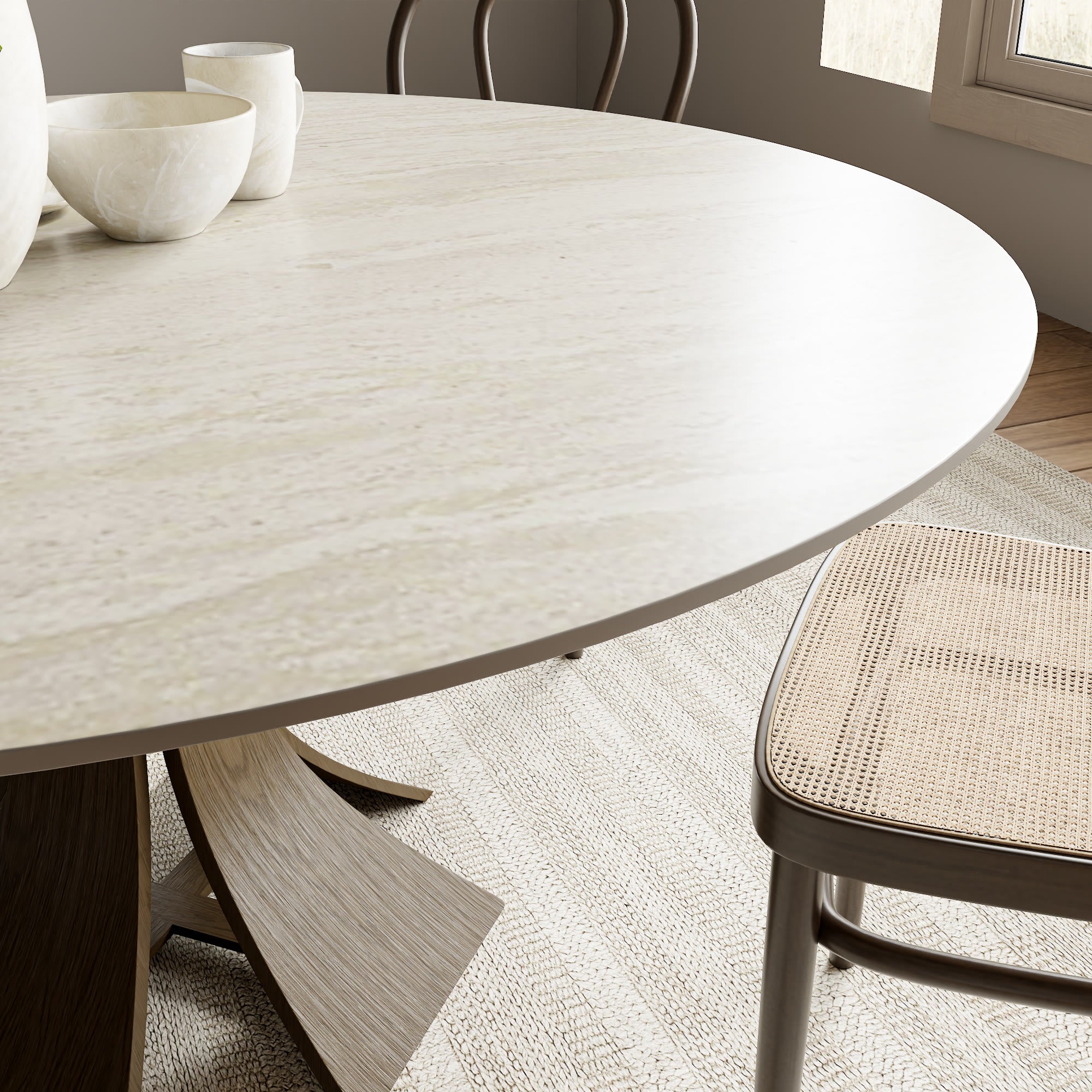 Mid-Century Round Dining Table With Sintered Stone Top & Solid Wood Pedestal Base For 2-8 - image 6