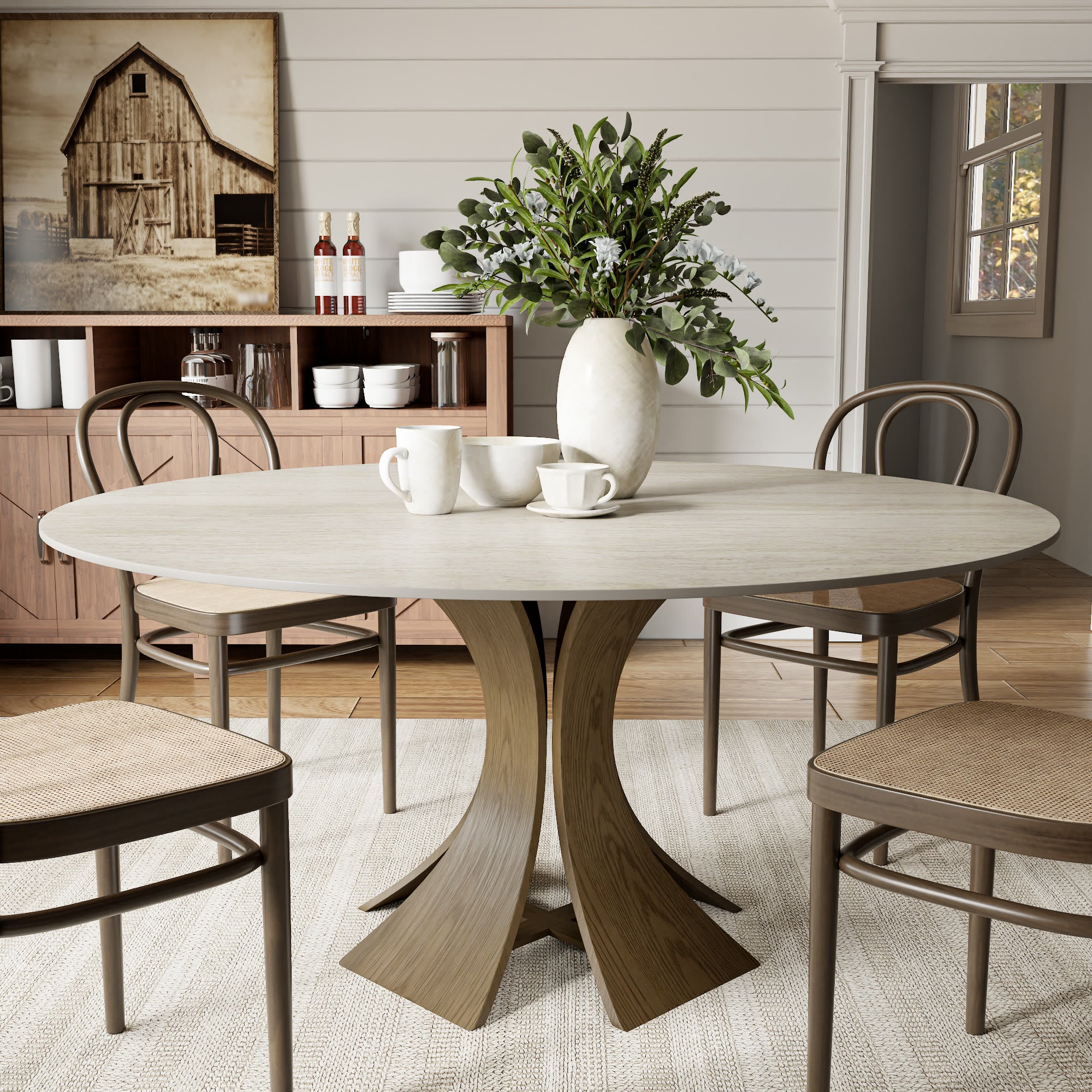 Mid-Century Round Dining Table With Sintered Stone Top & Solid Wood Pedestal Base For 2-8 - Travertine+Dark Walnut - 59" Table - image 5