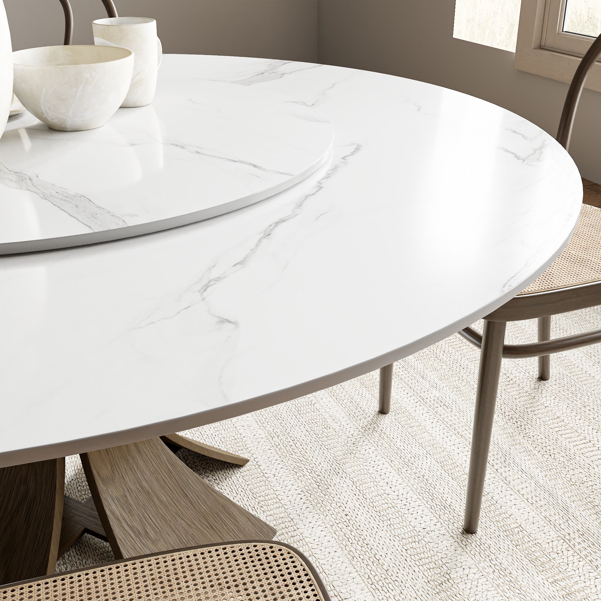 Mid-Century Round Dining Table With Sintered Stone Top & Solid Wood Pedestal Base For 2-8 - image 10