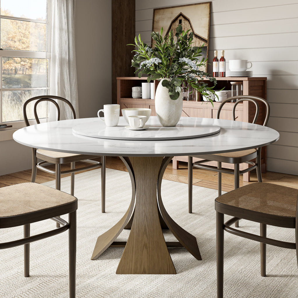 Mid-Century Round Dining Table With Sintered Stone Top & Solid Wood Pedestal Base For 2-8 - Snowy White+Dark Walnut - 59" Table With Lazy Susan - image 9