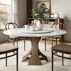 Mid-Century Round Dining Table With Sintered Stone Top & Solid Wood Pedestal Base For 2-8 - Snowy White+Dark Walnut - 59" Table With Lazy Susan - image 9