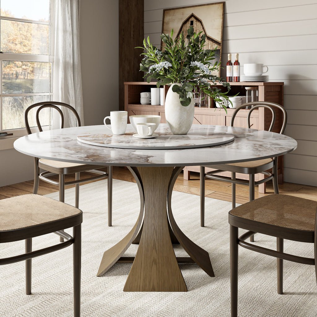 Mid-Century Round Dining Table With Sintered Stone Top & Solid Wood Pedestal Base For 2-8 - Pandora+Dark Walnut - 59" Table With Lazy Susan - image 12