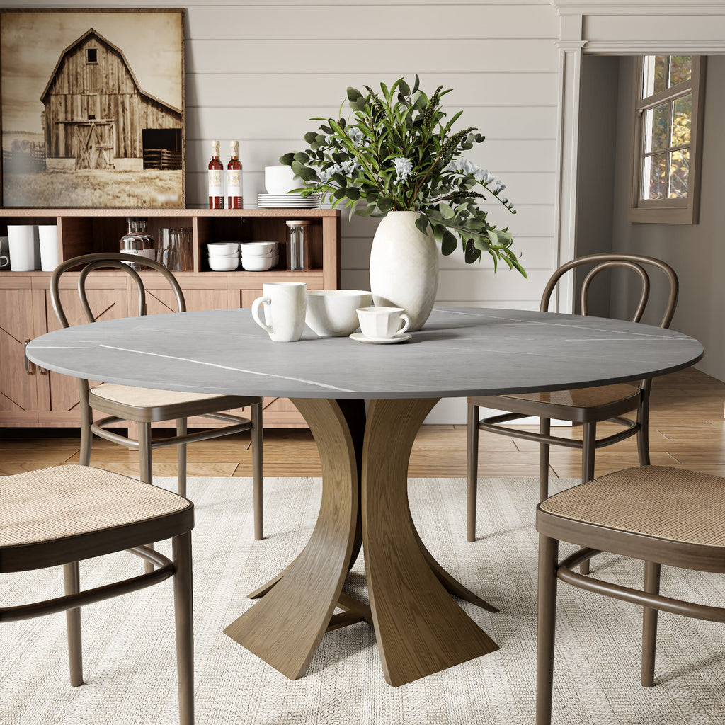 Mid-Century Round Dining Table With Sintered Stone Top & Solid Wood Pedestal Base For 2-8 - Gray+Dark Walnut - 59" Table - image 7