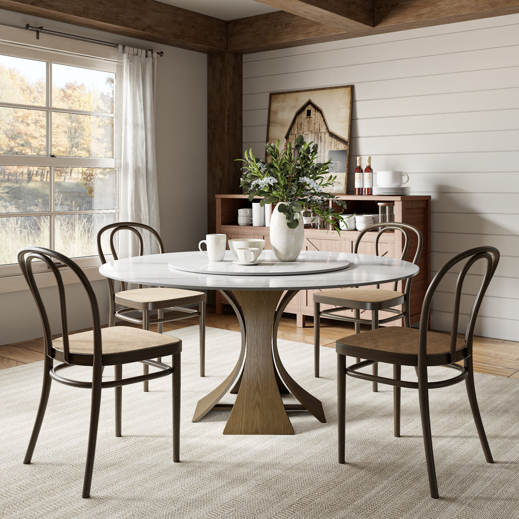 Mid-Century Round Dining Table With Sintered Stone Top & Solid Wood Pedestal Base For 2-8 - image 11