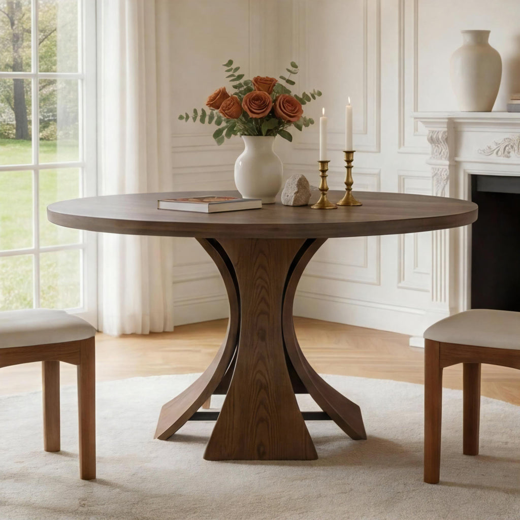 Mid-Century Round Solid Wood Pedestal Dining Table For 4-8 - Dark Walnut - 59" Table - image 0