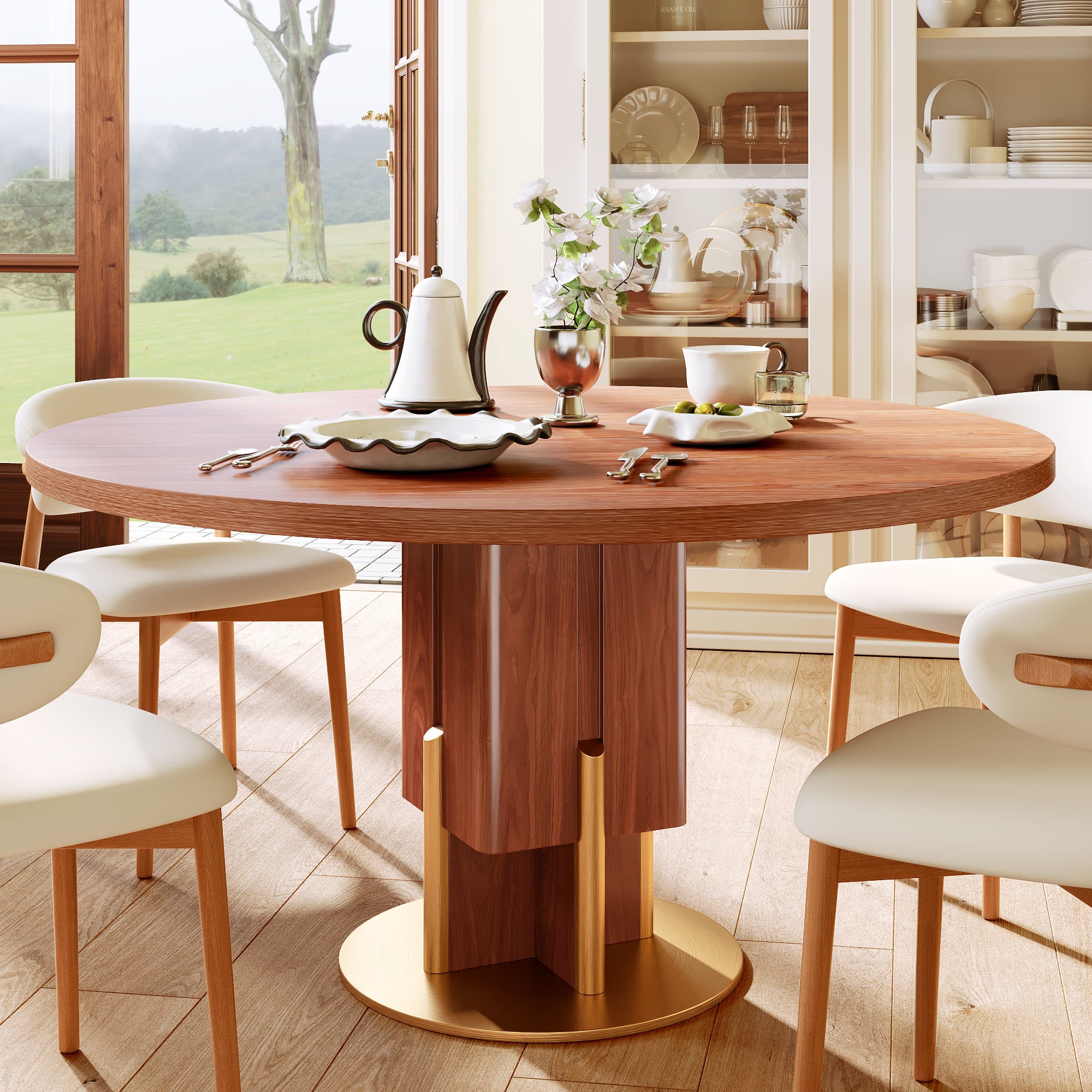 Round Solid Wood Dining Table with Metallic Gold Accents For 2-8 - Walnut - 59" Table - image 0