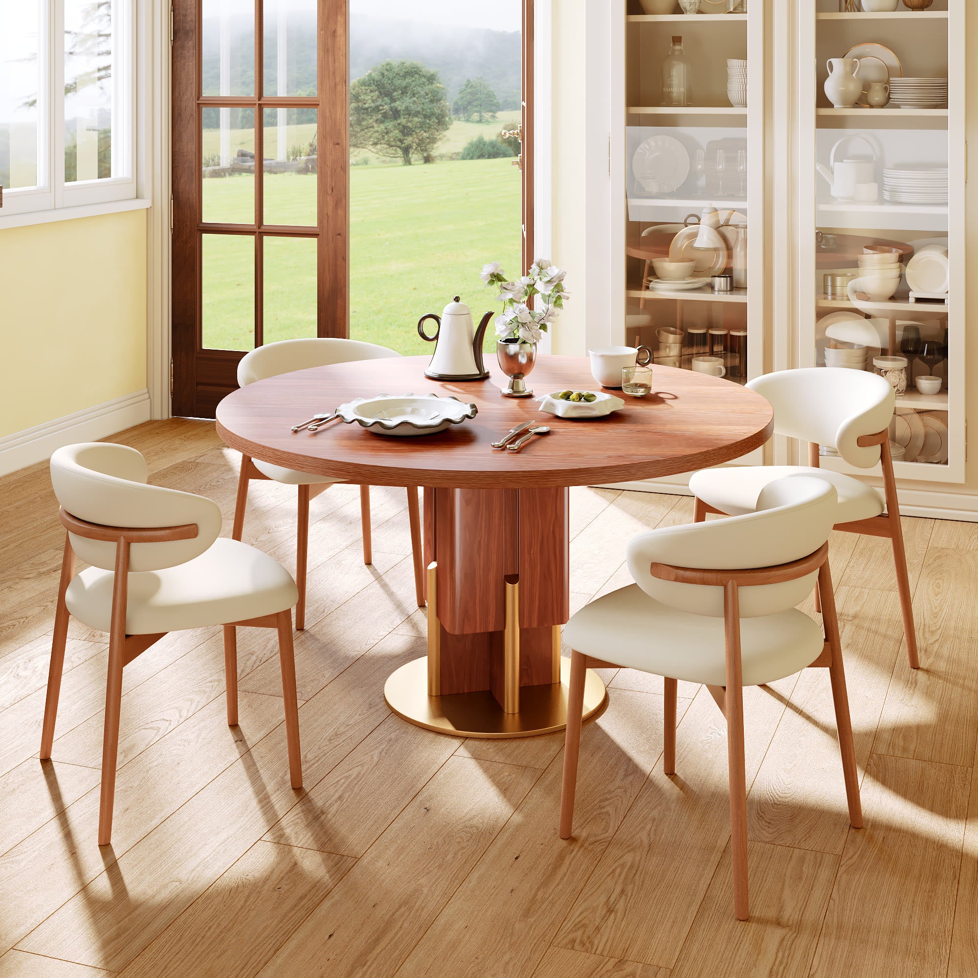 Round Solid Wood Dining Table with Metallic Gold Accents For 2-8 - image 2