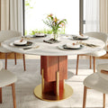 Round Sintered Stone Dining Table with Solid Wood Base & Metallic Gold Accents For 2-8 - Snowy White - 59" Table - image 0