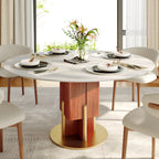 Round Sintered Stone Dining Table with Solid Wood Base & Metallic Gold Accents For 2-8 - Snowy White - 59" Table - image 0