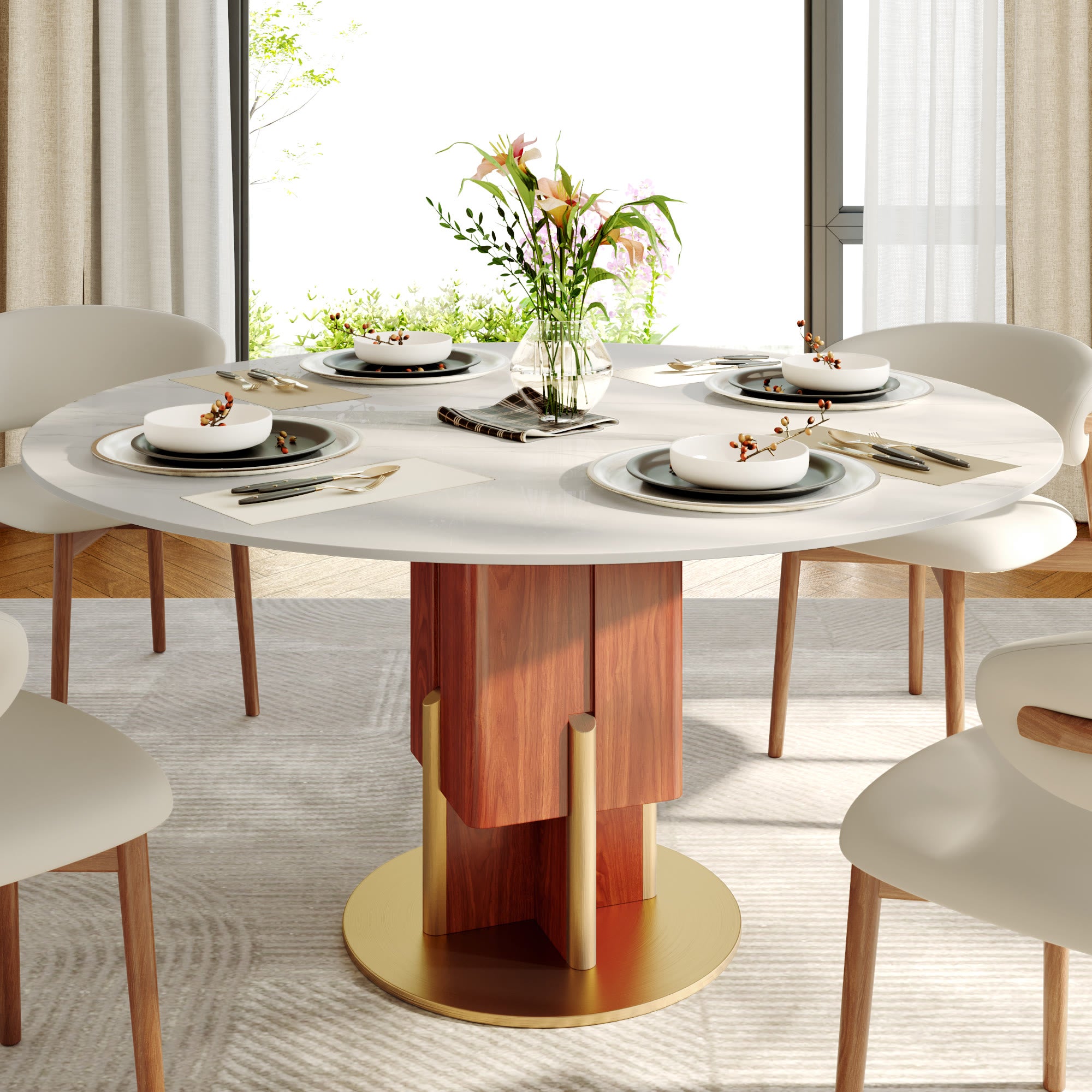 Round Sintered Stone Dining Table with Solid Wood Base & Metallic Gold Accents For 2-8 - Snowy White - 59" Table - image 0
