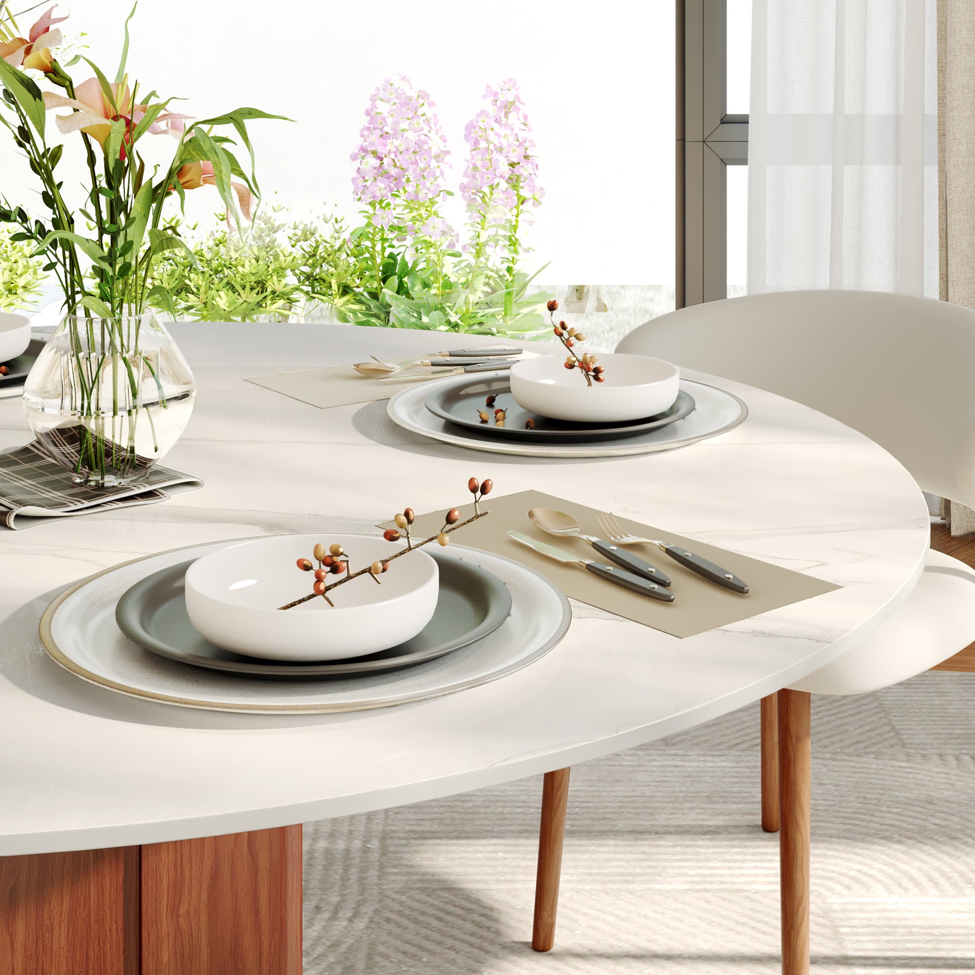 Round Sintered Stone Dining Table with Solid Wood Base & Metallic Gold Accents For 2-8 - image 1
