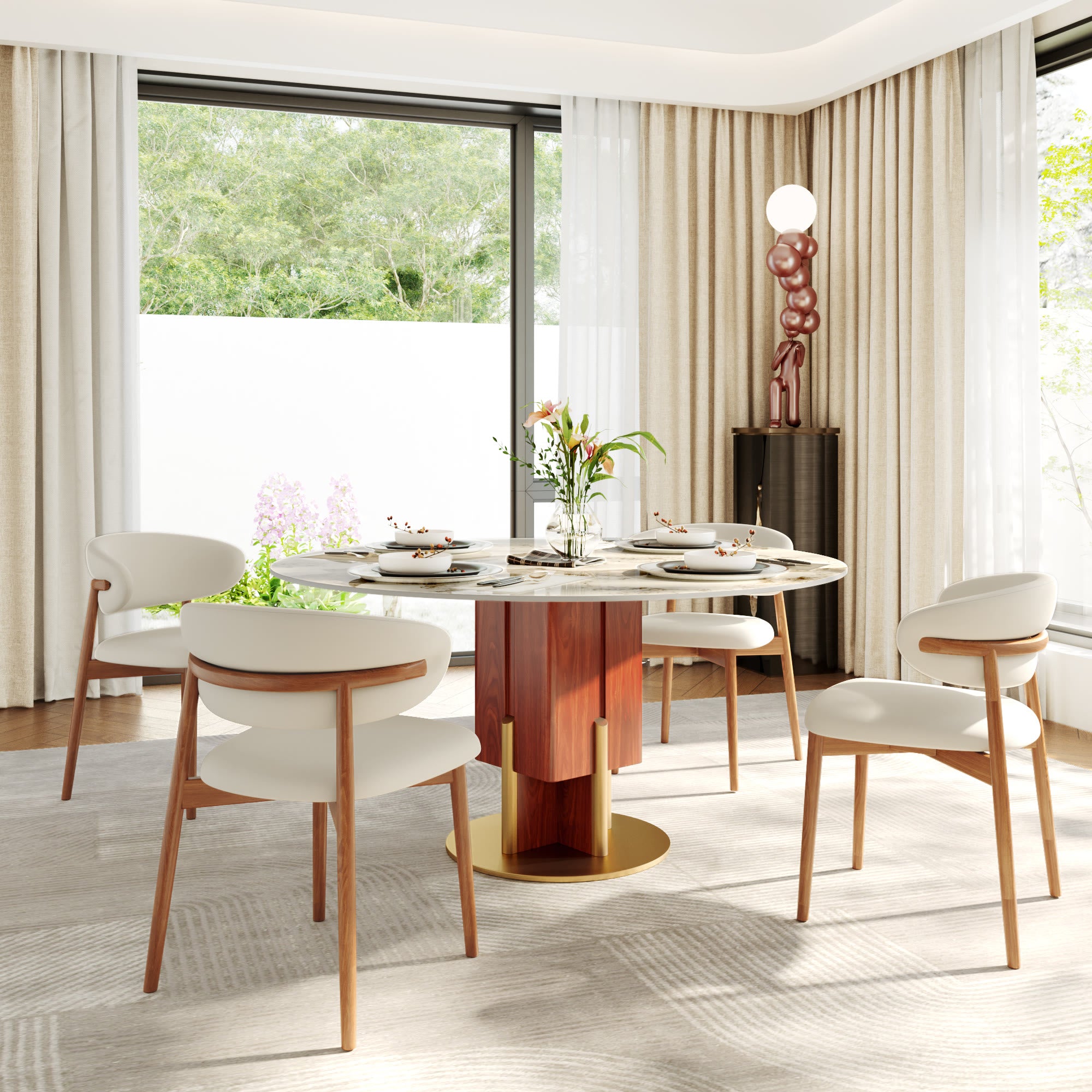 Round Sintered Stone Dining Table with Solid Wood Base & Metallic Gold Accents For 2-8 - image 5