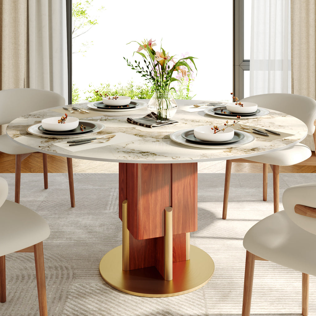 Round Sintered Stone Dining Table with Solid Wood Base & Metallic Gold Accents For 2-8 - Pandora - 59" Table - image 3