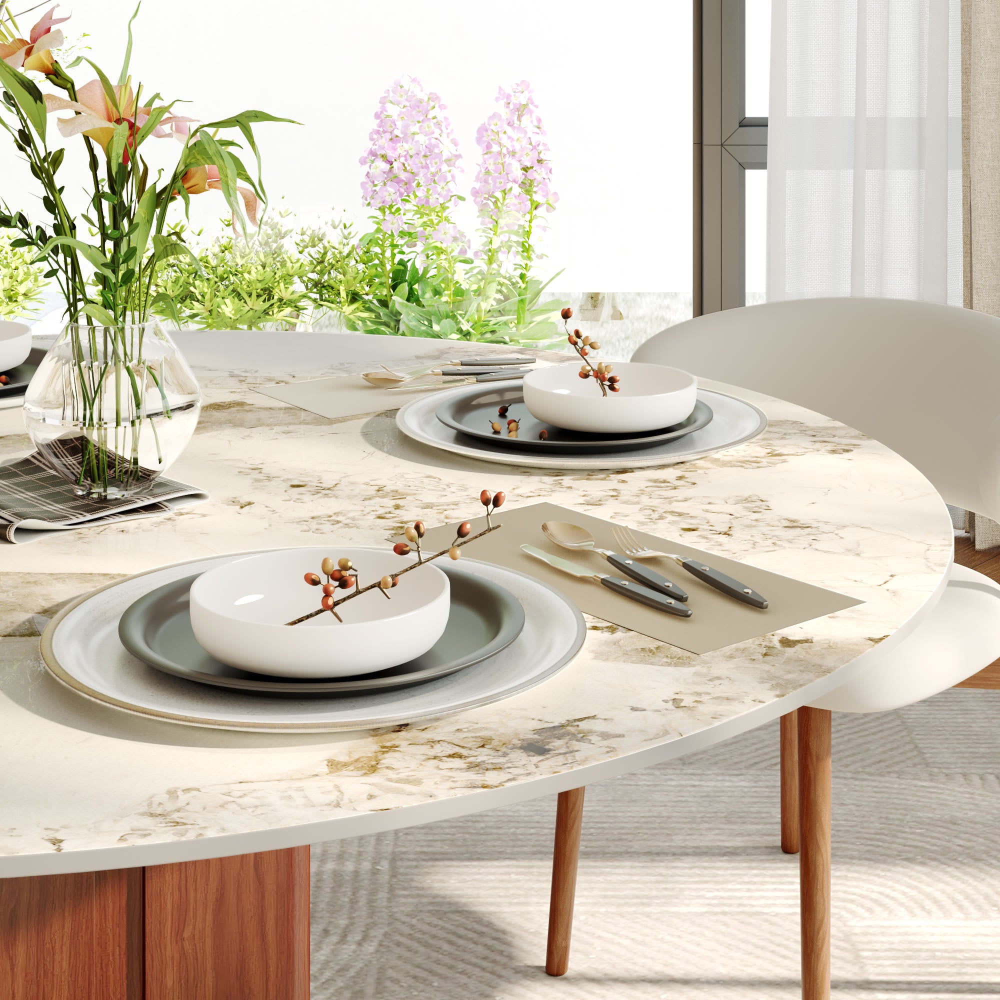 Round Sintered Stone Dining Table with Solid Wood Base & Metallic Gold Accents For 2-8 - image 4
