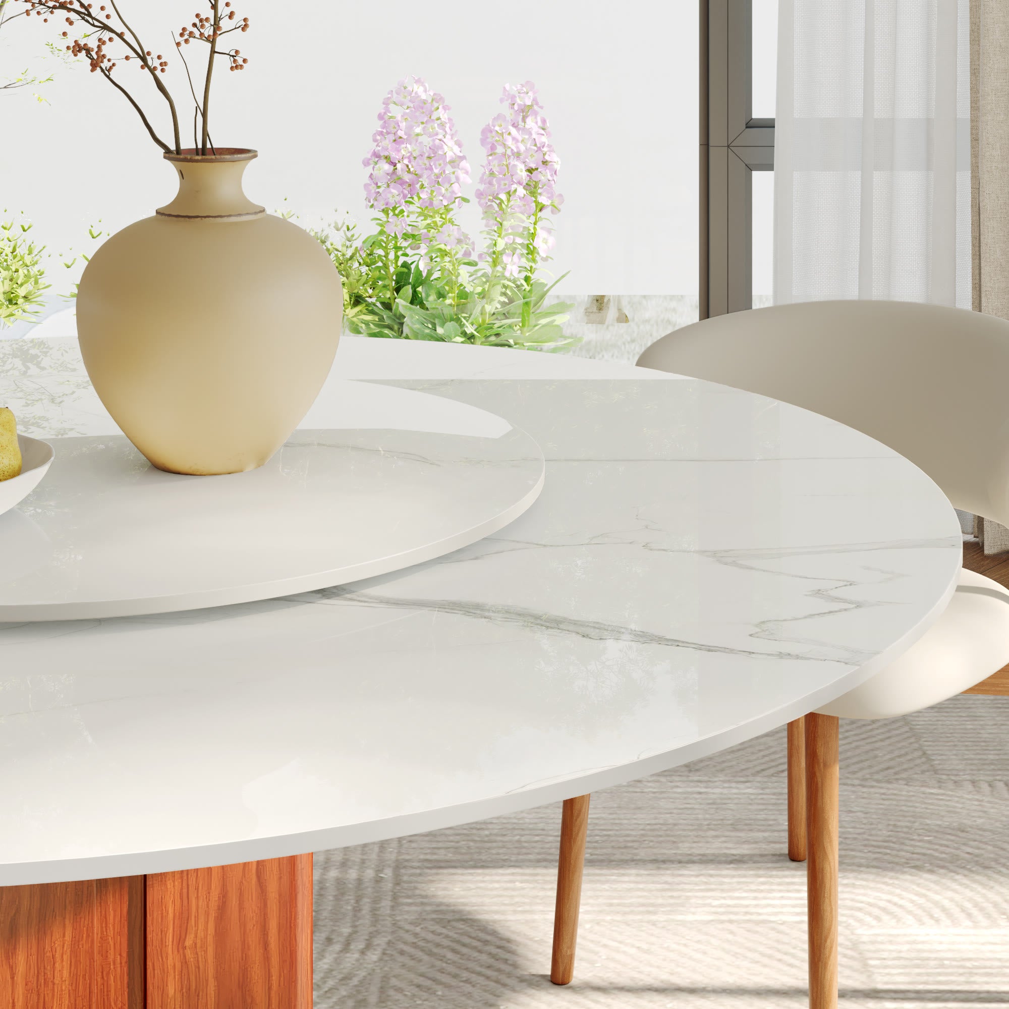 Round Sintered Stone Dining Table with Solid Wood Base & Metallic Gold Accents For 2-8 - image 7