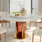 Round Sintered Stone Dining Table with Solid Wood Base & Metallic Gold Accents For 2-8 - Snowy White - 59" Table With Lazy Susan - image 6