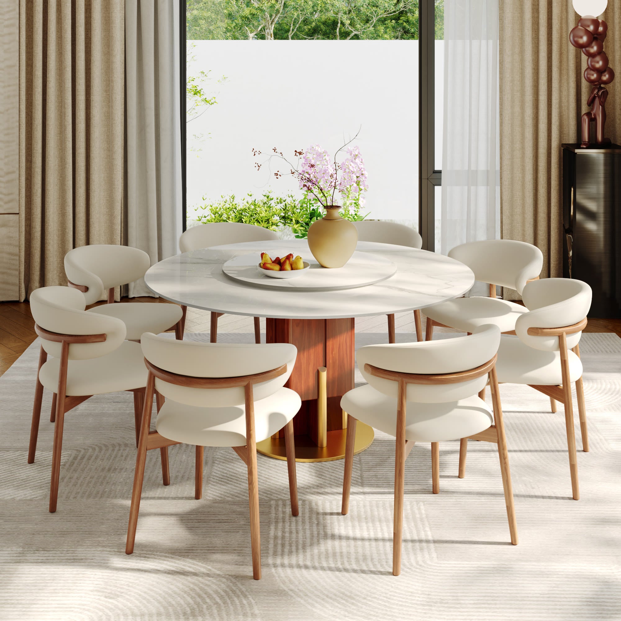Round Sintered Stone Dining Table with Solid Wood Base & Metallic Gold Accents For 2-8 - image 8