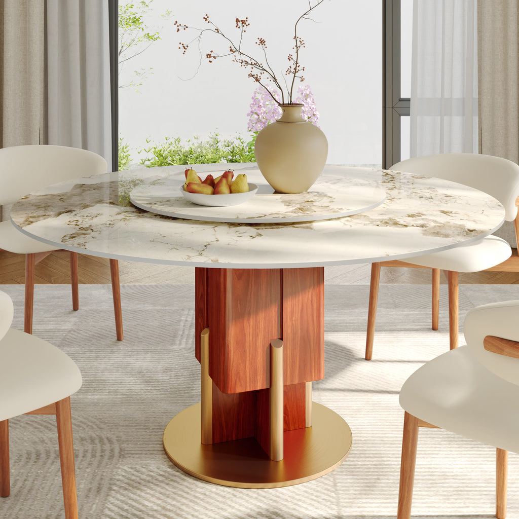 Round Sintered Stone Dining Table with Solid Wood Base & Metallic Gold Accents For 2-8 - Pandora - 59" Table With Lazy Susan - image 9