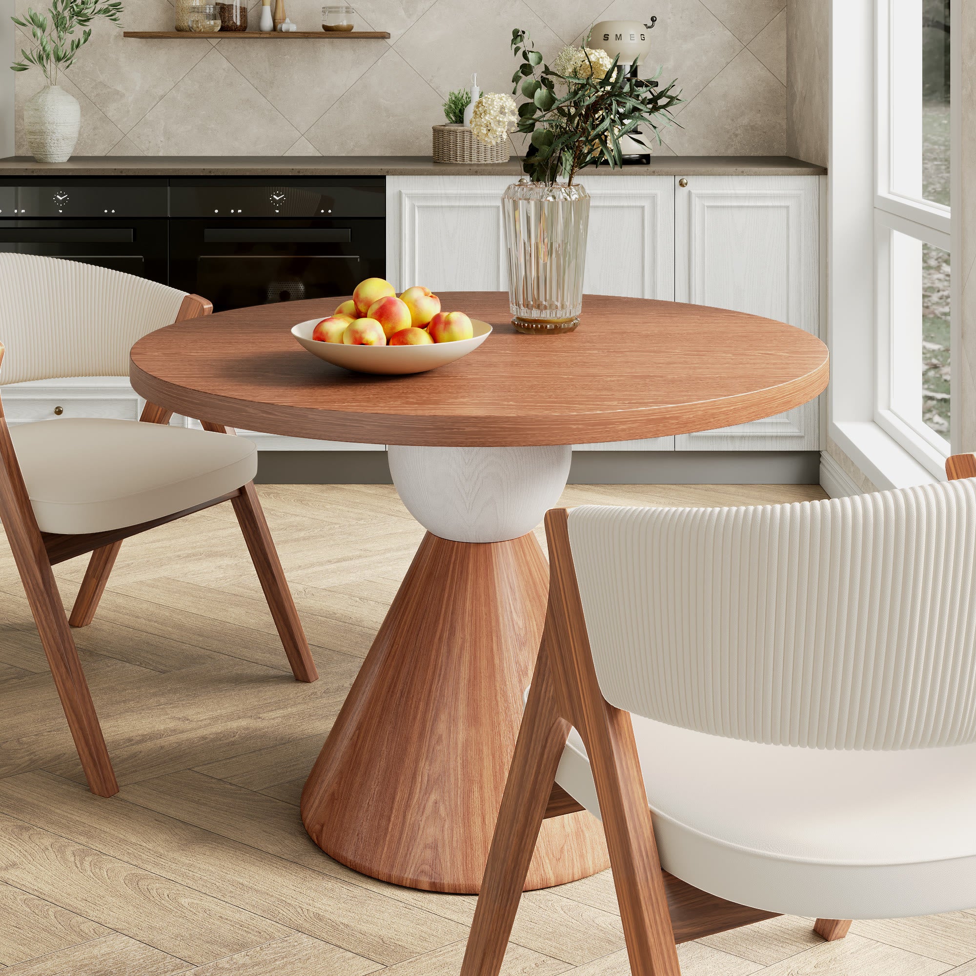  Mid-Century Modern Round Solid Wood Dining Table For 2-8 - Walnut - 59" Table - image 0
