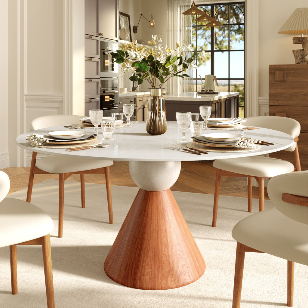 Round Sintered Stone Dining Table with Solid Wood Base For 2-8 - Snowy White - 59" Table - image 0