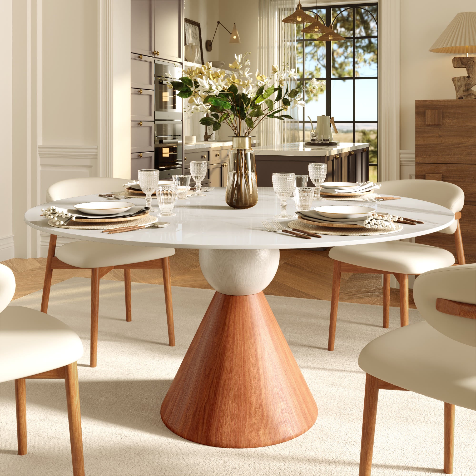 Round Sintered Stone Dining Table with Solid Wood Base For 2-8 - Snowy White - 59" Table - image 0