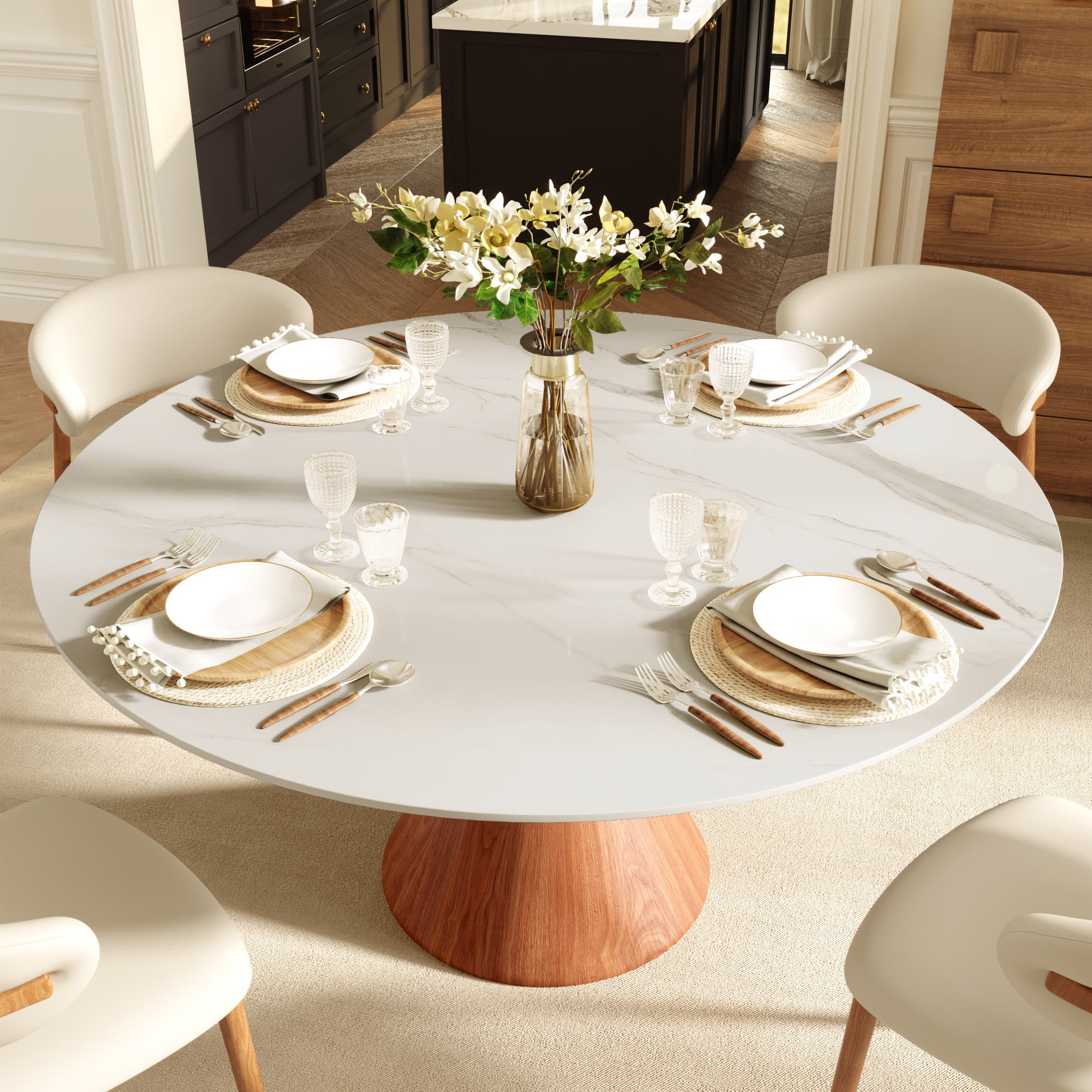 Round Sintered Stone Dining Table with Solid Wood Base For 2-8 - image 2