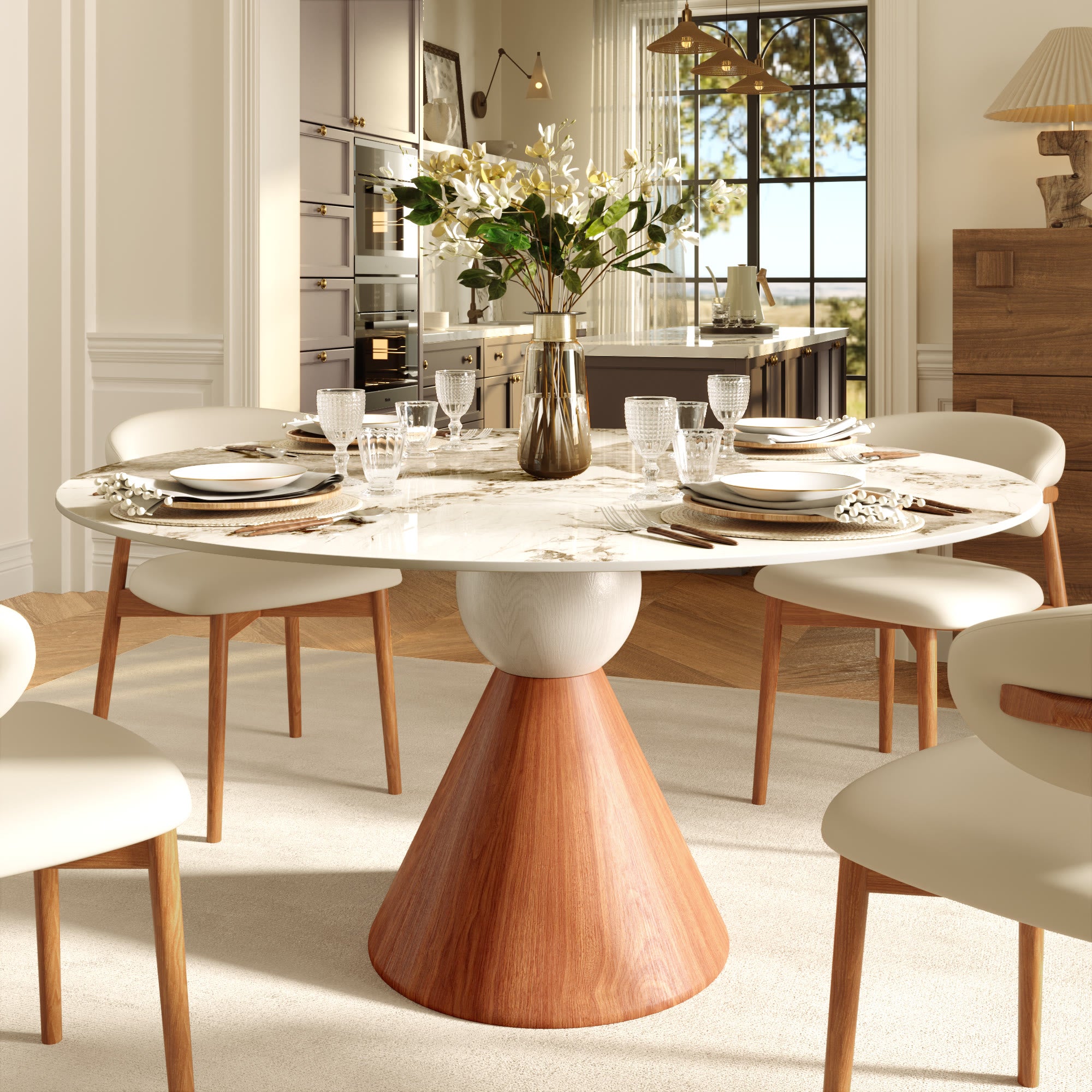 Round Sintered Stone Dining Table with Solid Wood Base For 2-8 - Pandora - 59" Table - image 3