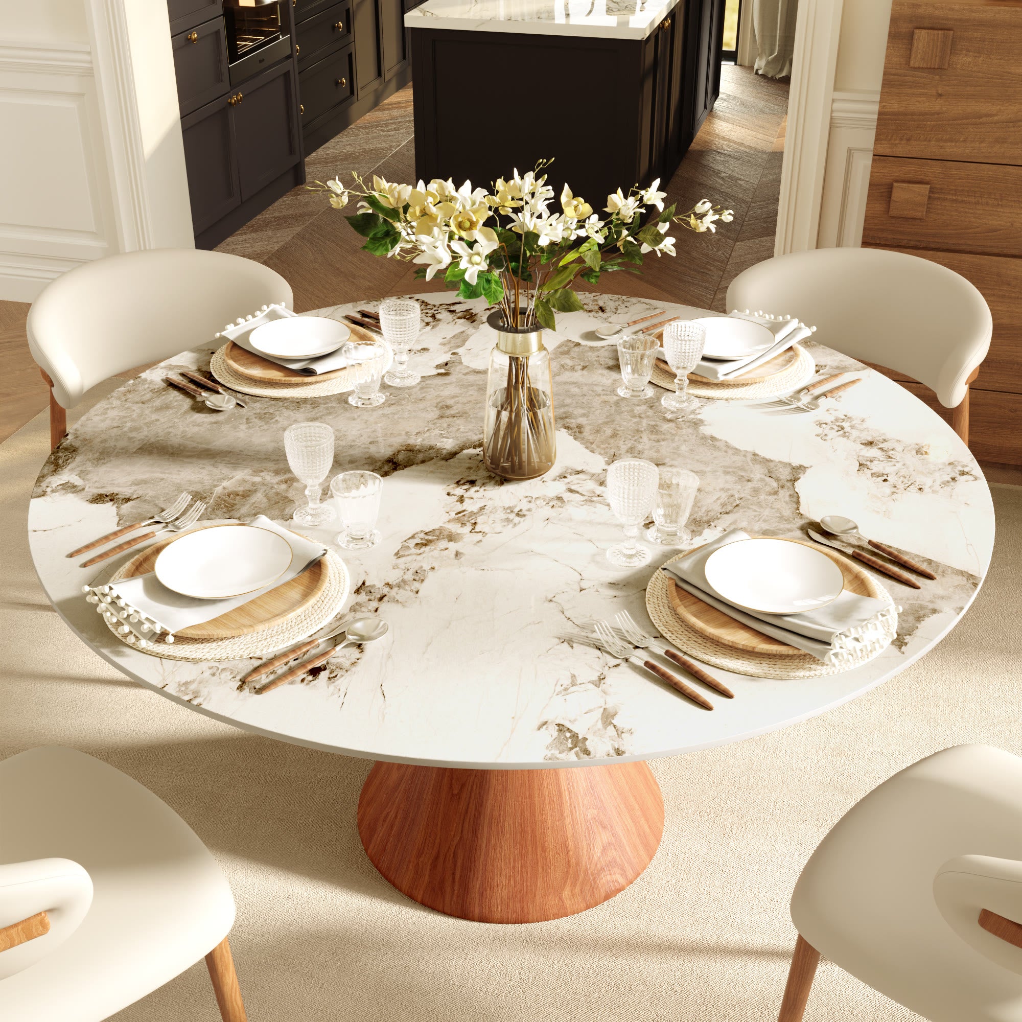 Round Sintered Stone Dining Table with Solid Wood Base For 2-8 - image 4