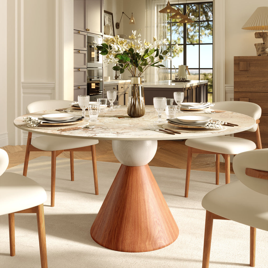 Round Sintered Stone Dining Table with Solid Wood Base For 2-8 - Creamy - 59" Table - image 6