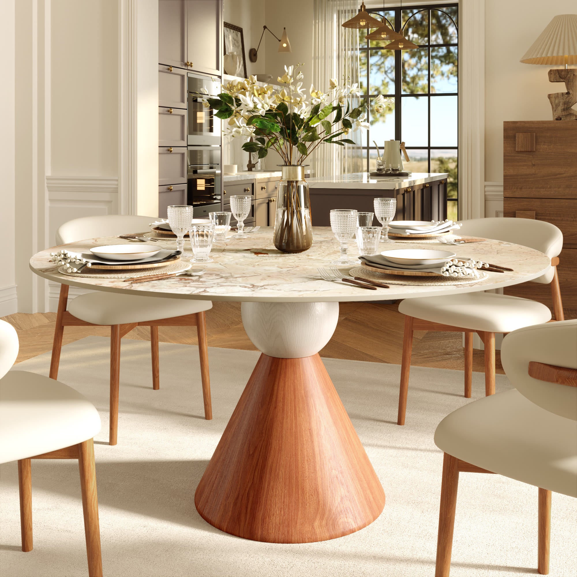 Round Sintered Stone Dining Table with Solid Wood Base For 2-8 - Creamy - 59" Table - image 6