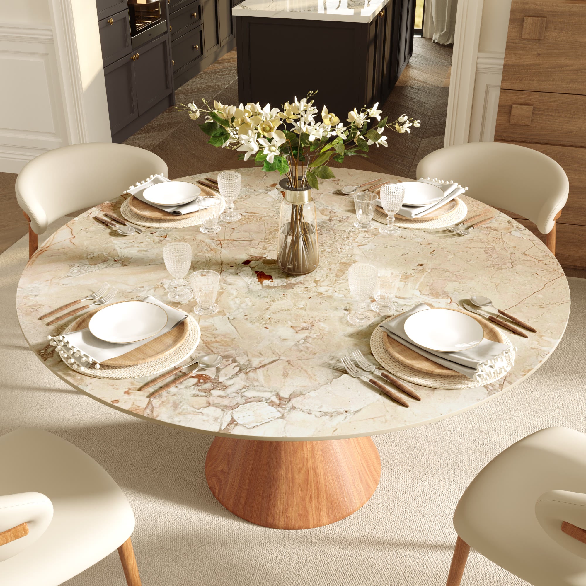 Round Sintered Stone Dining Table with Solid Wood Base For 2-8 - image 7