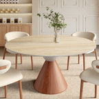 Round Sintered Stone Dining Table with Solid Wood Base For 2-8 - Travertine - 59" Table - image 9