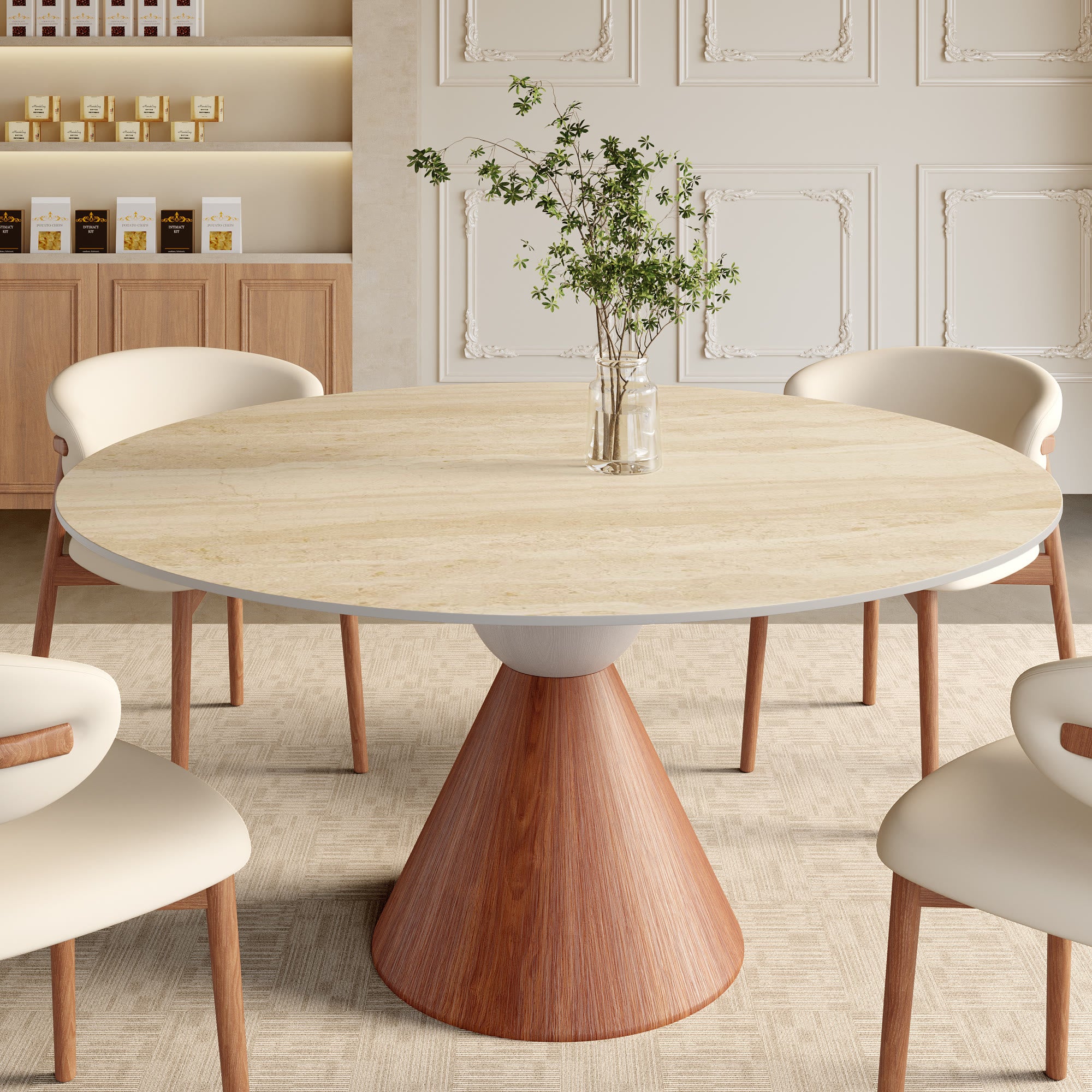 Round Sintered Stone Dining Table with Solid Wood Base For 2-8 - Travertine - 59" Table - image 9